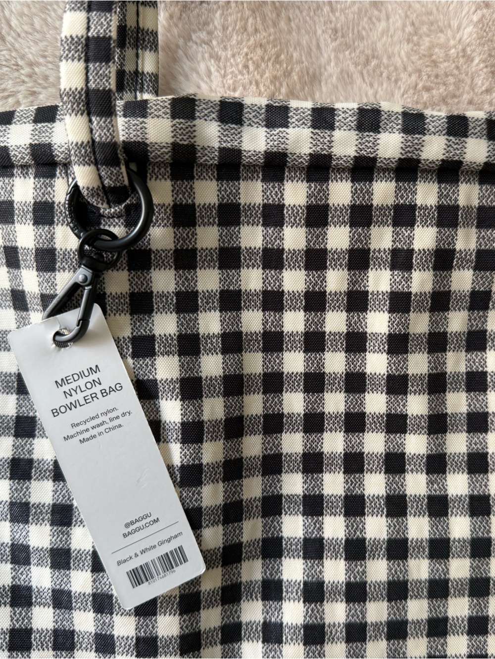 NWT BAGGU Medium Nylon Bowler Bag Black and White Gingham - Picture 6 of 11